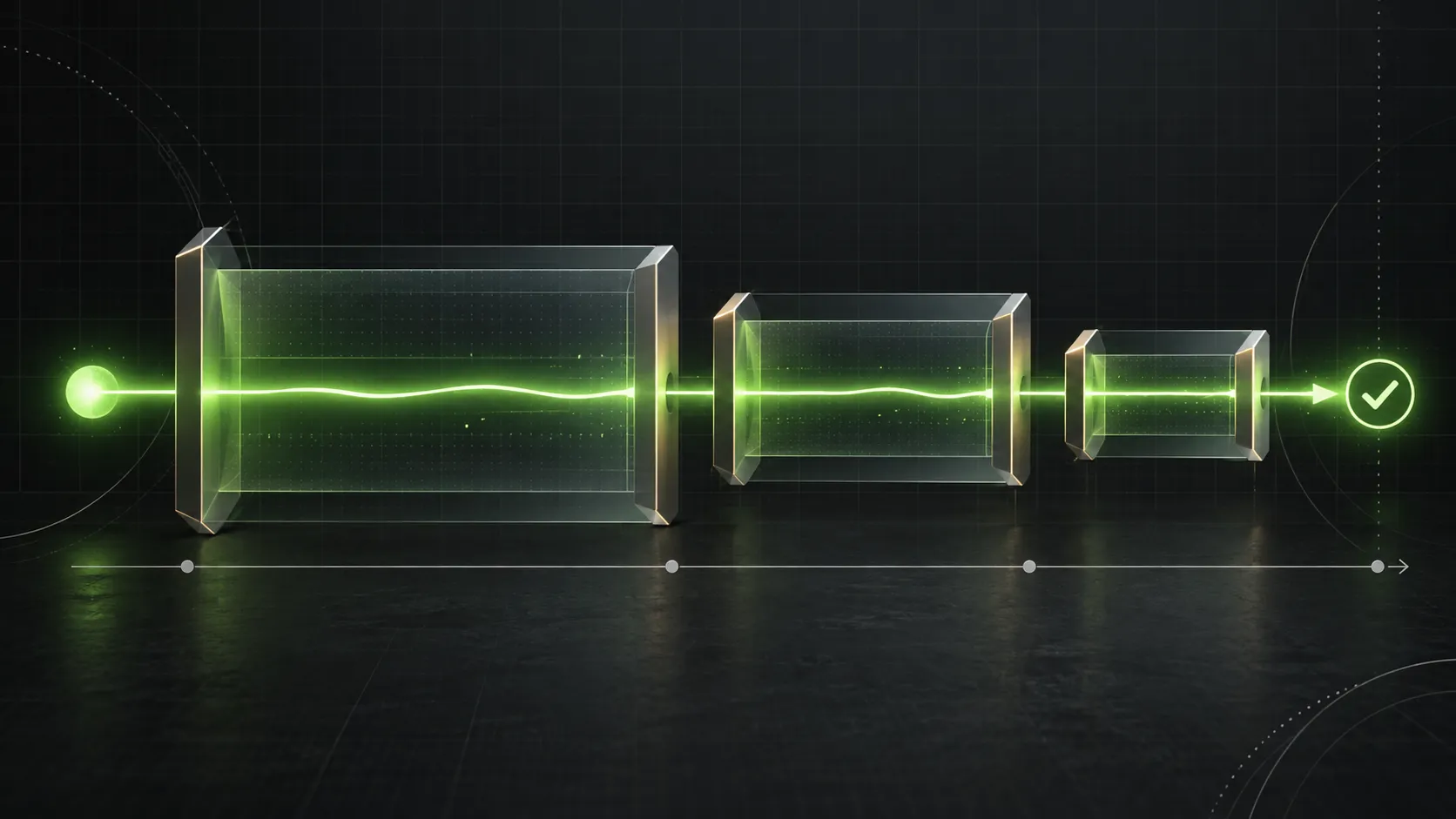 Generated illustration of a flaky CI wait: a lime signal passes through three glass chambers for deadline, grace and durable delivery, ending at a check mark.