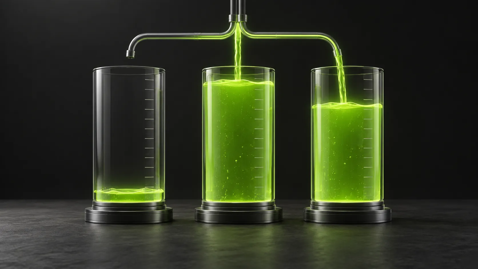 Three reservoirs on a dark canvas at different fill levels, with a lime flow being redirected from the emptiest one toward the others, illustrating routing of AI agent work across subscriptions by burn rate.
